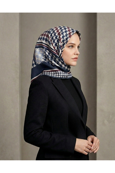Trend Parla Lacivert Bordo Kazayağı Desenli Soft Pamuk Eşarp