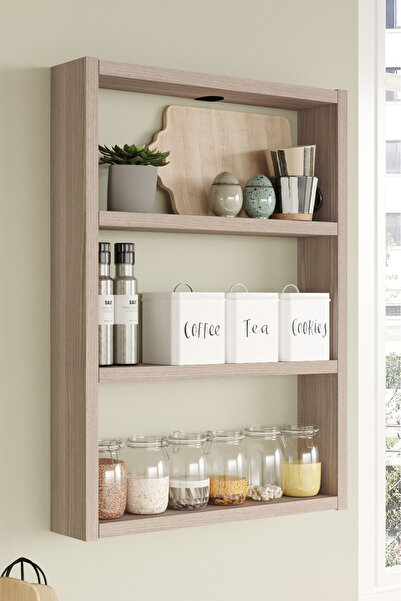 Yurudesign Pera 3'lü Duvar Rafı Mutfak Banyo Rafı Meşe Pr1-o