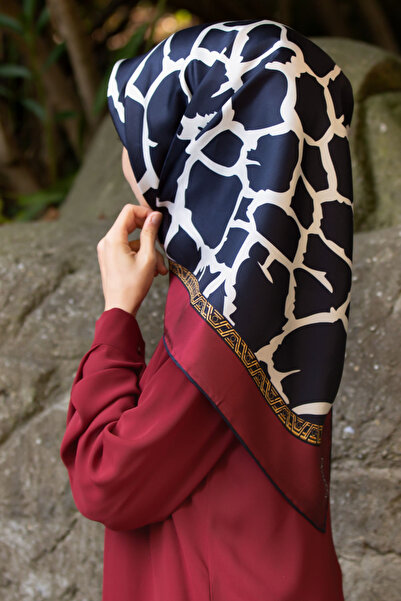 Vissona %100 Twill Taş Desenli Lacivert - Bordo Renkli 90x90 Eşarp Dikim Şekl...