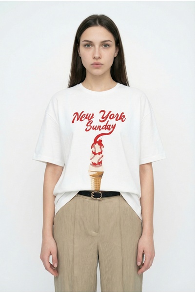 Quzu Tricou oversize cu imprimeu înghețată, Ecru
