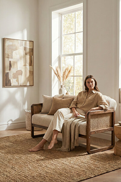 Zem Aryaves Hazeran Jüt Bohem İkili Kanepe Ceviz Ahşap, Sütlü Kahve