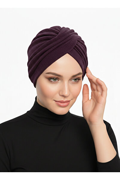 elysianfidan Βραδινό καπό Hijab Cross Fukuro Glitter Lined Purple Ready Turban