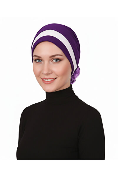 elysianfidan Layered Purple-Cream Ready-Made Turban Hijab with Organza Roses ...