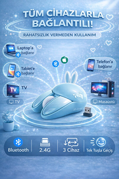 NDNeed Sevimli Tavşan 3D Mavi Mouse Bluetooth + 2.4G Dual Mode