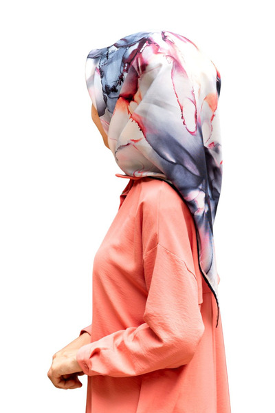 57% SILK 43% VISCOSE Twill Silk Batik Floral Pattern Indigo - Copper Color 90x90 Scarf Edge Sewing Ş