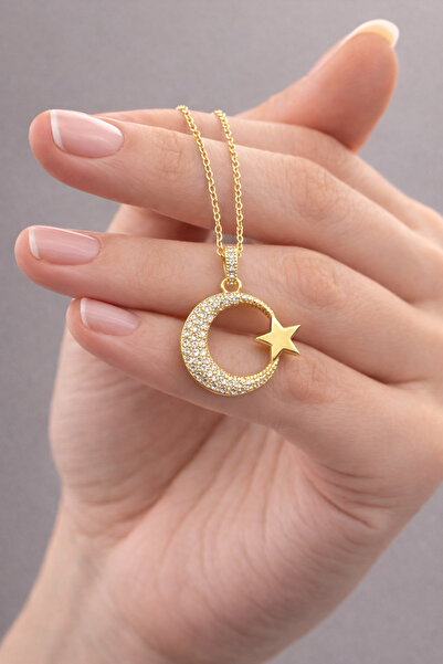 TuQos Gold Çelik Ay Yıldız Kolye Kadın Taşlı Halka Model 1.8 Cm Kolye Ucu 45 ...