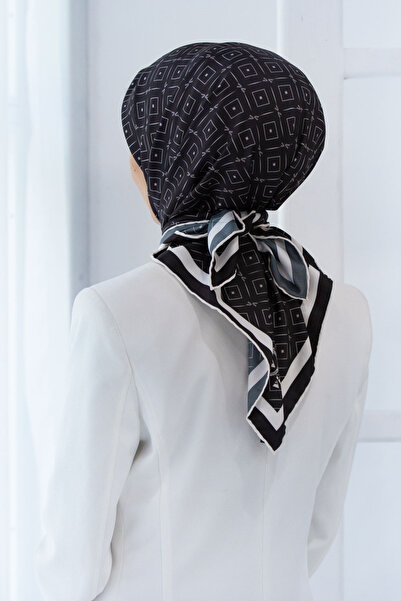 VİOLLA Kristal Çıtır Geometrik Desenli Desenli Siyah - Krem Renkli 90x90 Eşar...