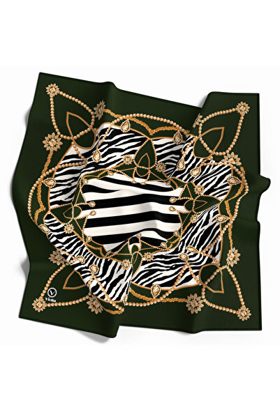 VİOLLA Twill Gold Detaylı Zebra Desenli Zümrüt Yeşili Renkli 90x90 Eşarp (İpe...