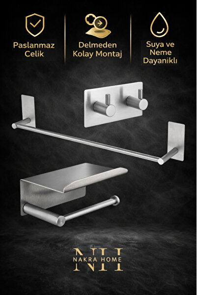 NAKRA HOME 3'lü Set Paslanmaz Çelik Yapışkanlı Havlu Askısı ve Tuvalet Kağıtl...