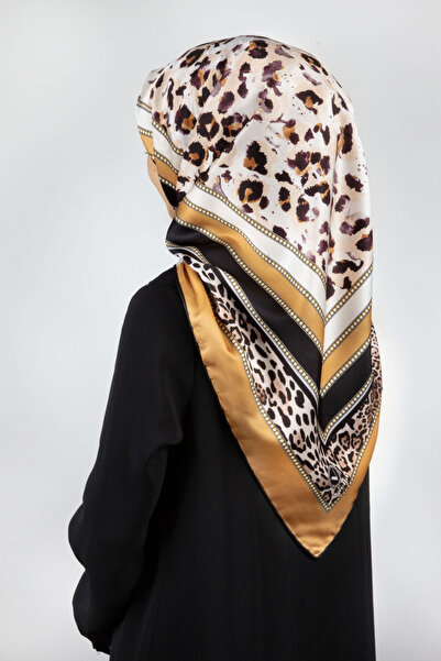 VİOLLA Twill Kemerli ve Leopar Desenli Hardal Renkli 90x90 Eşarp (İpek İçerme...