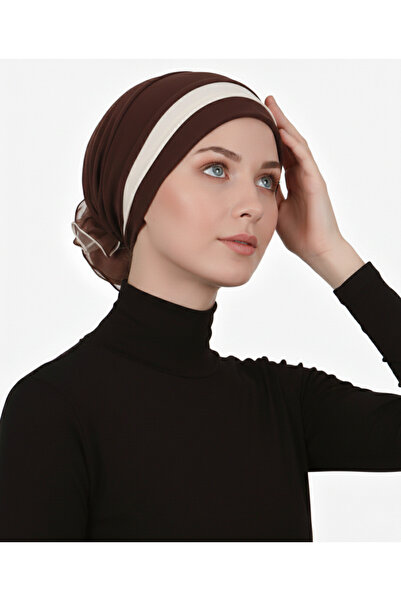 elysianfidan Layered Back Organza Rose Brown-Beige Ready-To-Wear Turban Hijab...
