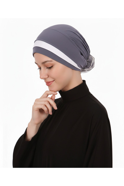 elysianfidan Layered Dark Grey-Cream Ready-To-Wear Turban Hijab with Organza ...