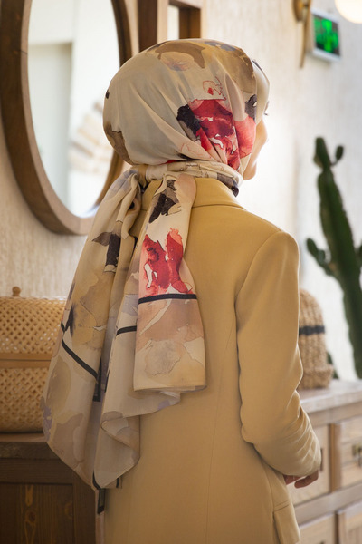 Vissona 100% Mătase Acuarelă Motiv Floral Bej - Roșu Colorat 92x210 Şal