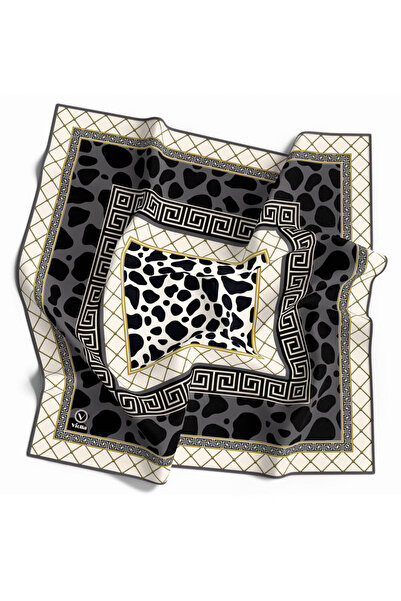 VİOLLA Twill Taş Desenli Füme Renkli 90x90 Eşarp (İpek İçermez) Kenar Dikiş Ş...