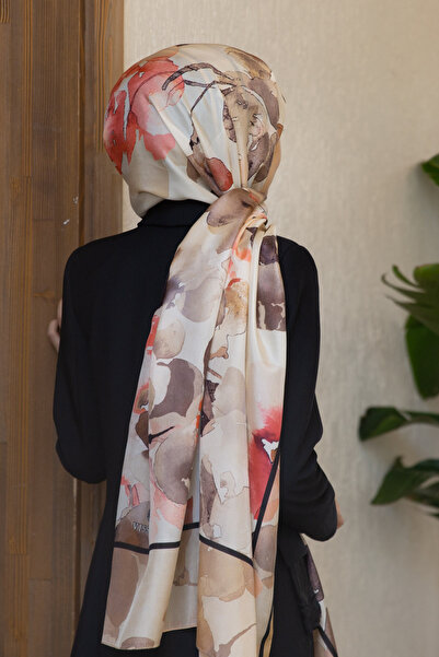 Vissona 100% Mătase Acuarelă Motiv Floral Bej - Roșu Claret Colorat 92x210 Şal