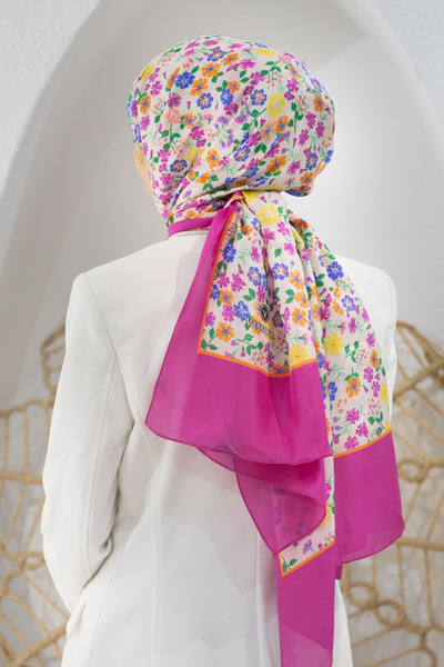 Vissona %100 İpek Çıtır Çiçek Desenli Fuşya Renkli 92x210 Şal