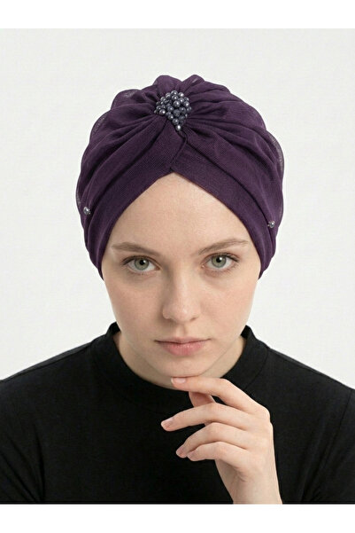 elysianfidan Kristal Tüllü Astarlı Mor Hazır Türban Tesettür Abiye Bone