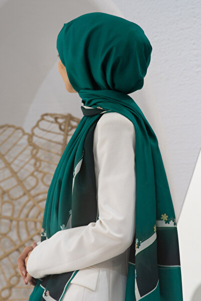 Vissona 100% Silk Flower Patterned Petrol Green Colored 92X210 Shawl