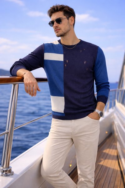 sifu tekstil Navy Blue Crew Neck Sporty Interlock Knit Perforated Knitwear Sweater – Modern Cut Ripped Sweatshirt