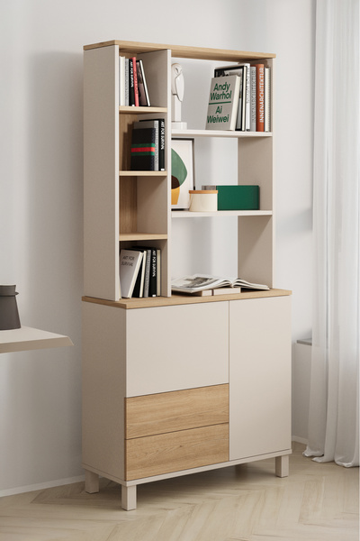 Yurudesign Mood Kitaplık Raf Ahşap Ayaklı 188cm 2 Kapaklı 2 Çekmeceli Kumsal-...