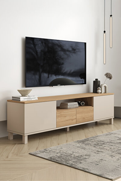 Yurudesign Mood Tv Ünitesi Sehpası 2 Kapaklı 2 Çekmeceli Ahşap Ayaklı 180cm K...