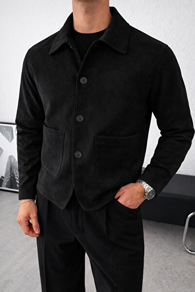 İLKCET MODA Εποχιακό κοντό ανδρικό μπουφάν από σουέτ μαύρο