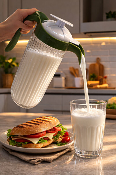 abenim 1500 cc Yeşil Kapaklı Cam Ayran Karıştırma Sürahisi (yedek kapaklı)