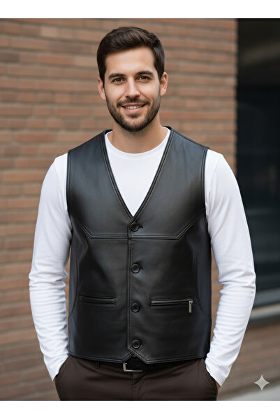 Savran Deri Hakiki Deri Yelek Düğmeli