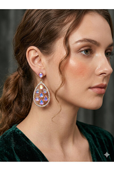 begüm jewelery ŞAMPANYA RENKLİ DAMLA TAŞLARLA SÜSLENMİŞ TASARIM KÜPE