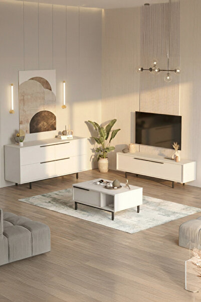 Yurudesign Ocean Tv Ünitesi Orta Sehpa Konsol 3'lü Set Beyaz On20-w