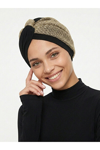 elysianfidan Özel Tasarım Siyah Üzeri Altın Zırhlı Astarlı Hazır Türban Teset...