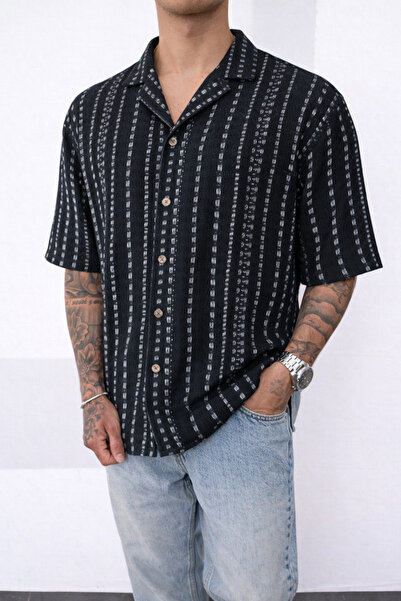 İLKCET MODA Ανδρικό πλεκτό πουκάμισο από μαύρο λινό με σχέδια