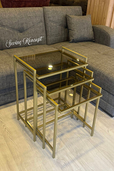 SEVİNÇ KONSEPT 3'lü Râna Sehpa Gold, Bronz Camlı, Çok Amaçlı Zigon Sehpa, Yan...