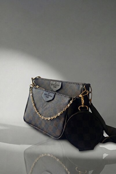 Women's Bitter Coffee Leather Checkered Pattern 3-Piece Hand Shoulder and Crossbody Bag
