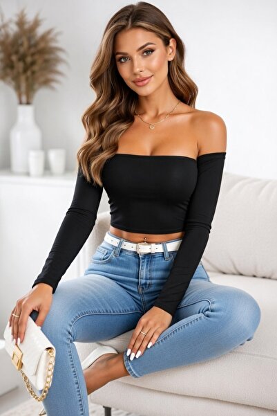 Olyssia Ženska crna Madonna dekoltea Form-Fitting Stretchi bluza bez naramenica