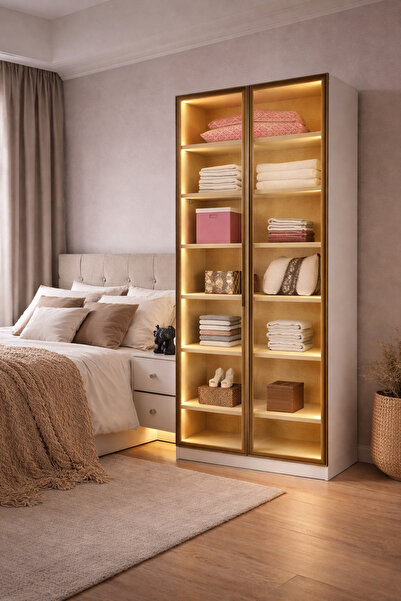 eos mobilya Sensörlü LED’li 9 RAFLI Gardırop 100x59x218 cm Reflekte Bronz Cam...