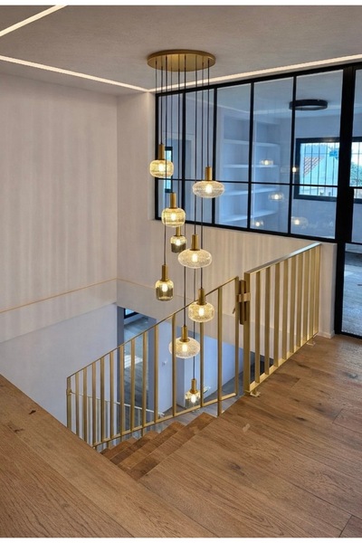 demet habek mylights Dokuzlu 9’lu E27 Cam Tavan Sarkıt Avize Şeffaf Bal Füme ...