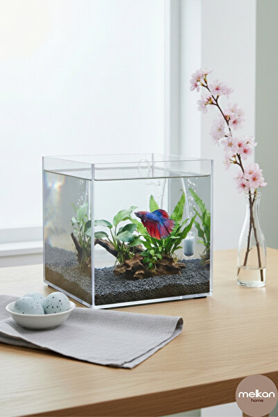 Melkan Home Premium Kristal Küp Nano Akvaryum & Beta Fanusu 20x20x20 cm 7 Litre - Karides ve Balık Akvaryumu