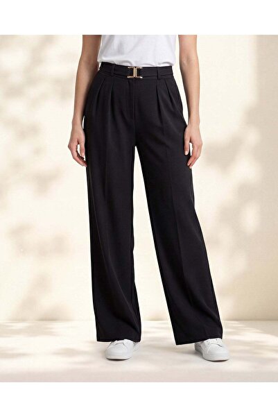 REDTAG Women Black Wide Leg Smart Trousers