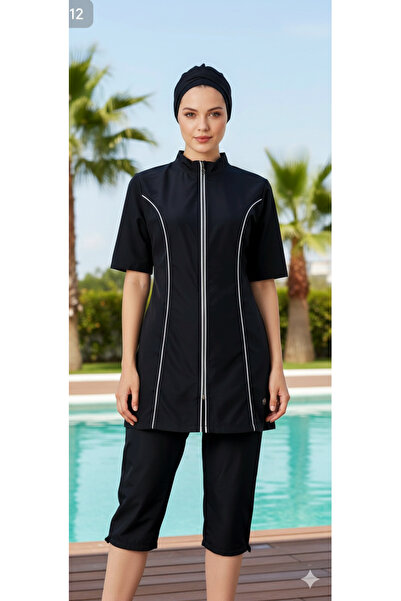 ROZAMAY Quick-Drying Parachute Fabric Short-Sleeved Capri Hijab Swimsuit