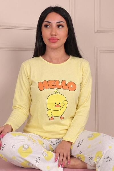 Niket Life Women's Hello Slogan and Duckling Printed Patterned Crew Neck Long...