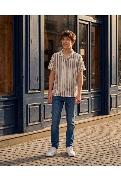 REDTAG Senior Boys Beige Striped Casual Shirt