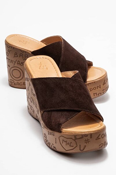 Zeynep Sıradağlı Harvey Women's Genuine Leather Wedge Heel Slipper Brown Suede