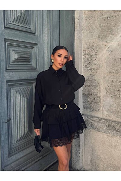 LB Laluna Butik Women's Shirt and Lace Detailed Ruffle Skirt Set