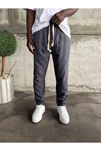 KağanKY Navy Blue Pleated Boyfriend Linen Trousers