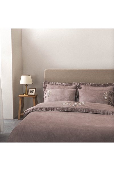Ecocotton Zaira King Size Duvet Cover Set 100% Organic Cotton Satin Hand Embroidered Powder 240X220 cm
