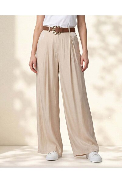REDTAG Women Beige Belted Flare Trousers