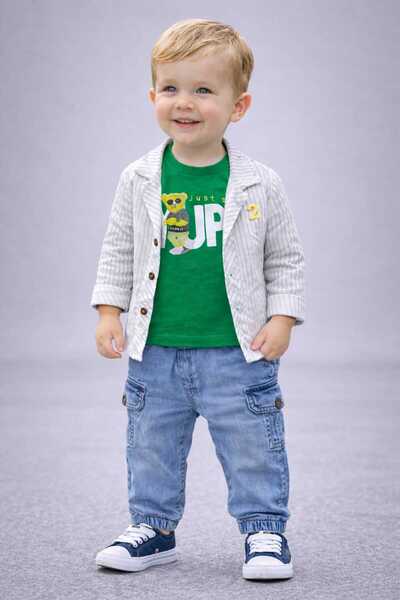 neocotton قميص كتان مخطط وسويت شيرت وبنطلون جينز طقم أطفال من 3 قطع