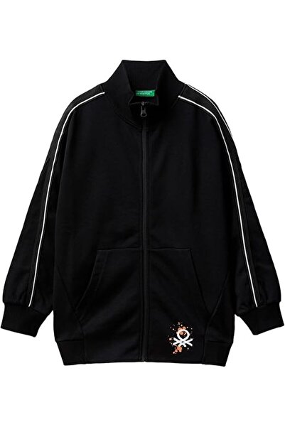 Benetton Boy's Black Sweatshirt with Printed Front and Back, Striped Sleeves ...