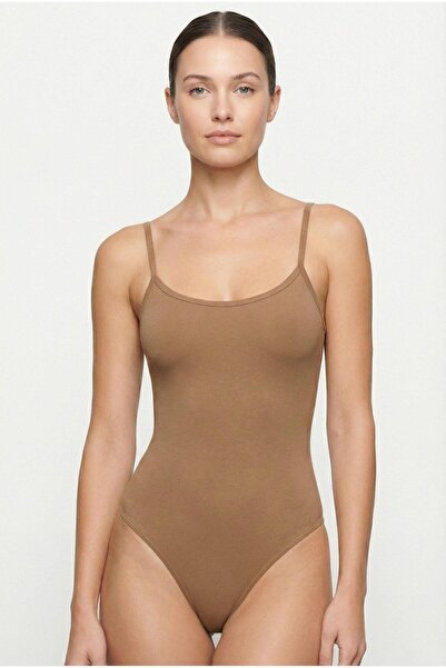 OBJE Women's Dark Beige Cotton Strap Bodysuit with Snap Fasteners